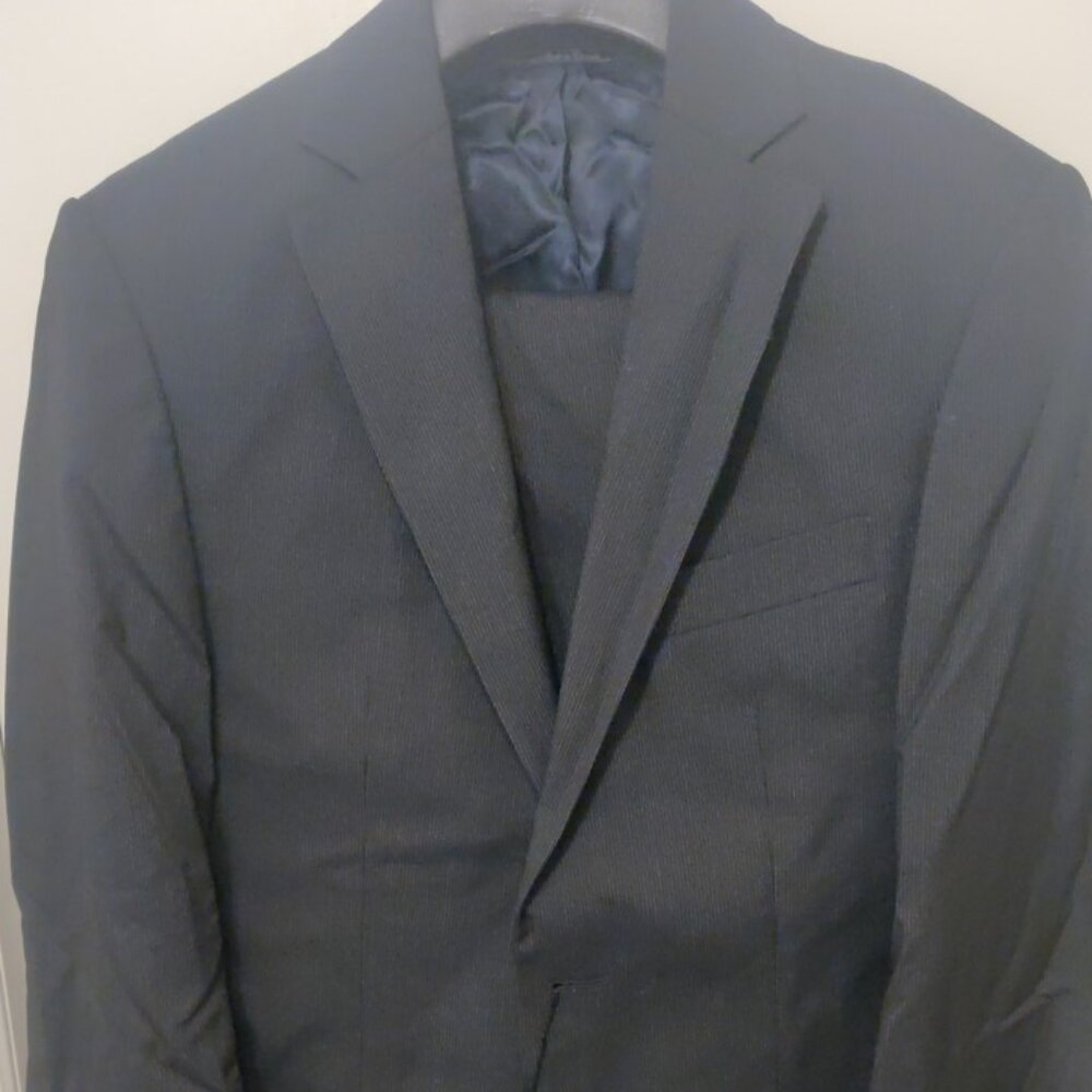 Simon Spurr 36S/30 modern slim skinny fit navy stripe 100% virgin wool bemberg